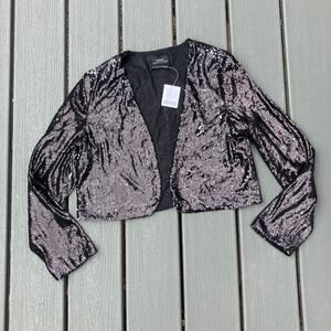 Black cropped sequin jacket, open front, glam going out whimsigoth indie sleaze